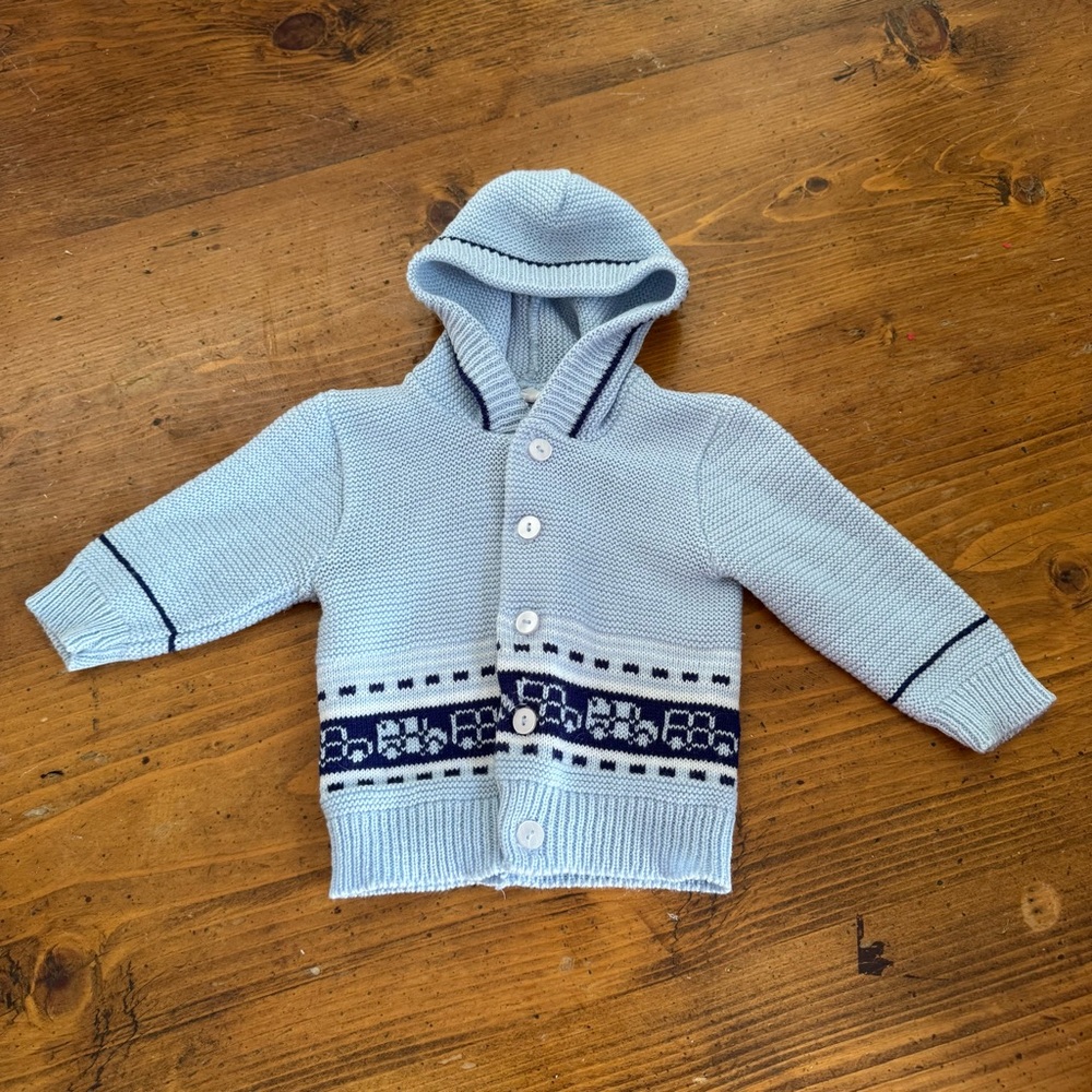 Vintage Light Blue Baby Cardigan Sweater with Cars 6-12 months